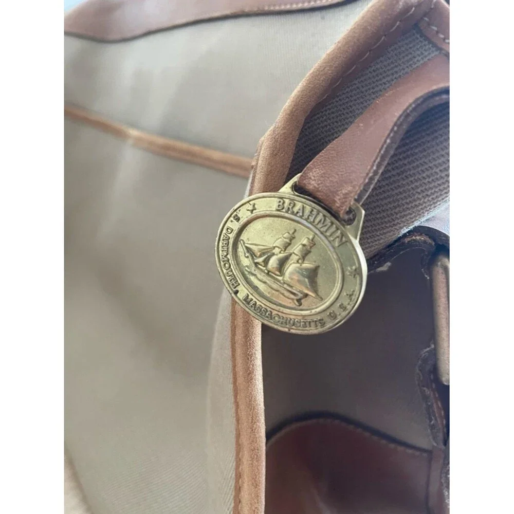 Brahmin x Sperry canvas vintage messenger laptop bag beige brown leather trim